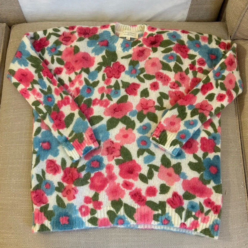 Sezane Janelia Jumper Sweater - Pink Flowers/ Turquoise Kid Mohair Knit French - Picture 6 of 11